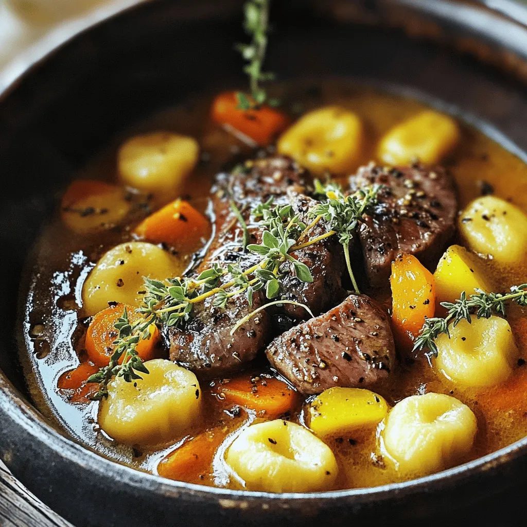 Der Kartoffelgnocchi-Rindfleisch-Eintopf ist ein herzhaftes Gericht. Die Hauptzutat ist Rindfleisch, das gut gewürfelt wird. Ideal sind Stücke aus der Schulter oder dem Hals. Diese Teile sind zart und schmackhaft, wenn sie lange kochen.