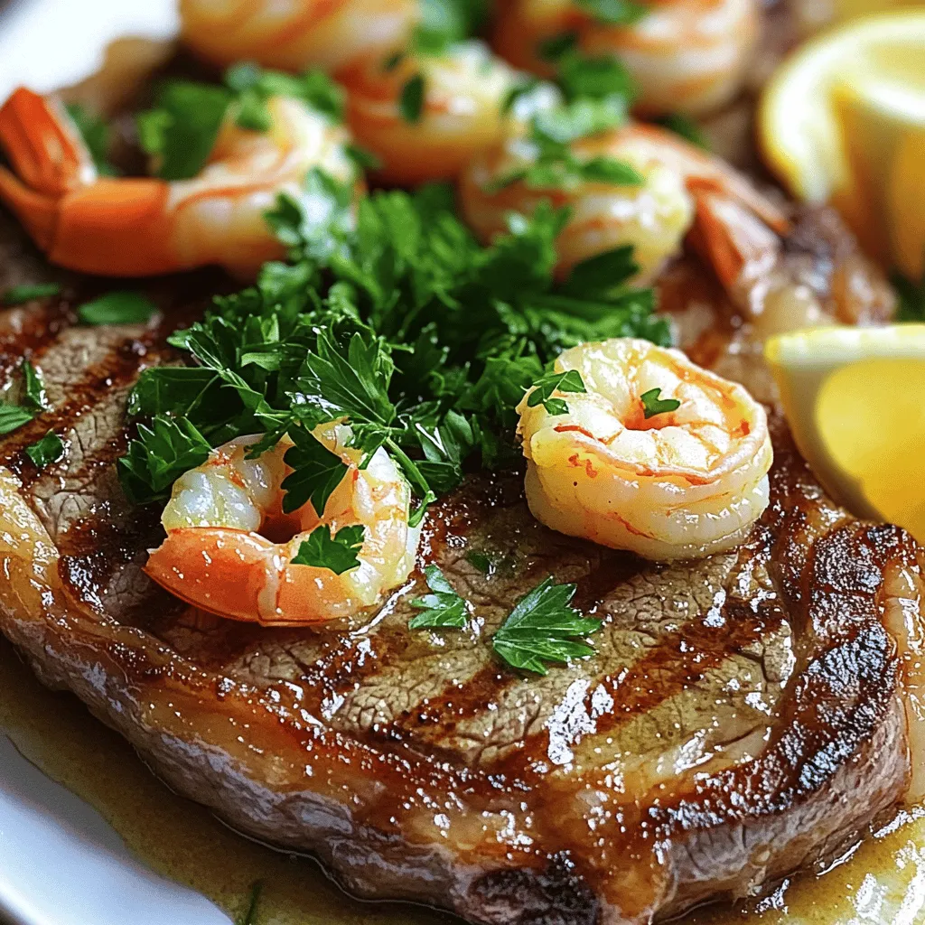 - 2 Ribeye-Steaks (je ca. 200g) - 300g große Garnelen, geschält und entdarmt - 4 Esslöffel ungesalzene Butter - 4 Knoblauchzehen, gehackt