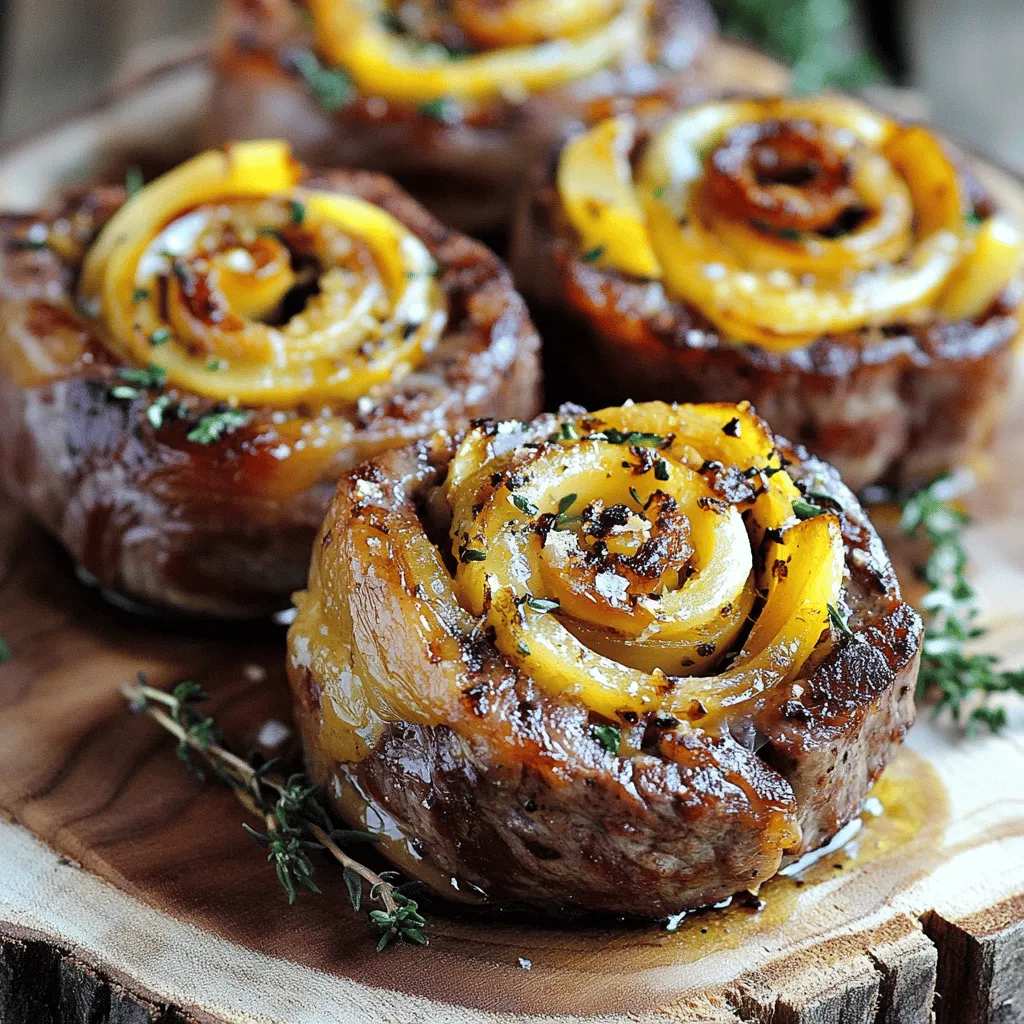 French Onion Steak Pinwheels sind ein köstlicher Snack. Sie kombinieren zartes Steak mit süßen, karamellisierten Zwiebeln und cremigem Käse. Diese Kombination macht sie zu einem perfekten herzhaften Snack für jede Gelegenheit.