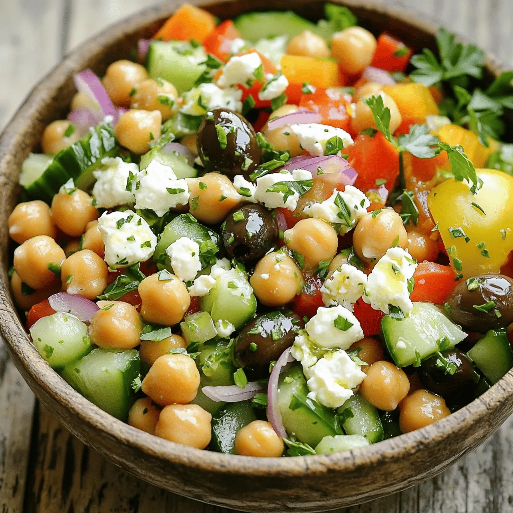 - 1 Dose Kichererbsen (ca. 400g), abgetropft und abgespült - 2 große Tomaten, gewürfelt - 1 Gurke, gewürfelt - 1 rote Zwiebel, dünn geschnitten - 1 grüne Paprika, gewürfelt - 100g Feta-Käse, zerbröckelt - 50g schwarze Oliven (vorzugsweise Kalamata), entsteint