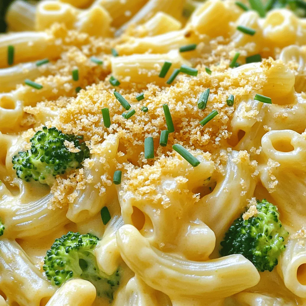 - 250 g Makkaroni - 200 g frischer Brokkoli, in Röschen - 300 g Cheddar-Käse, gerieben - 50 g Parmesan, gerieben - 60 g Butter - 60 g Mehl - 500 ml Milch - 1 Teelöffel Senf (optional) - 1/2 Teelöffel Knoblauchpulver - 1/2 Teelöffel Zwiebelpulver - Salz und Pfeffer nach Geschmack - 1 Prise Muskatnuss (optional) - 100 g Semmelbrösel (für eine knusprige Kruste)