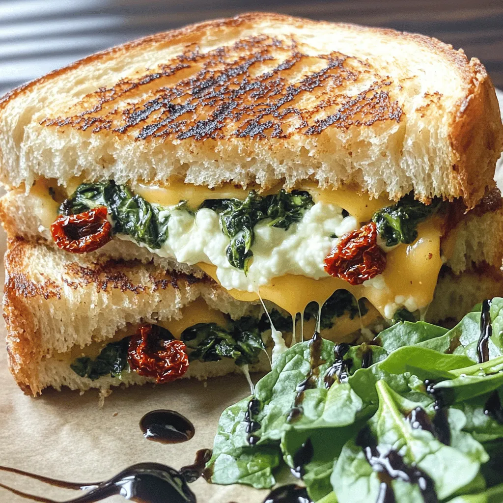 - 4 Scheiben Vollkornbrot - 1 Tasse frischer Spinat, gewaschen und getrocknet - 1/2 Tasse Ricotta-Käse - 1/4 Tasse getrocknete Tomaten, gehackt - 1/2 Tasse geriebener Mozzarella-Käse