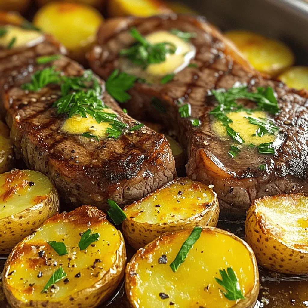 - 2 Steaks (z.B. Ribeye oder Filet), ca. 200g pro Stück - 500g kleine Kartoffeln, halbiert - 4 Knoblauchzehen, gehackt - 100g Butter