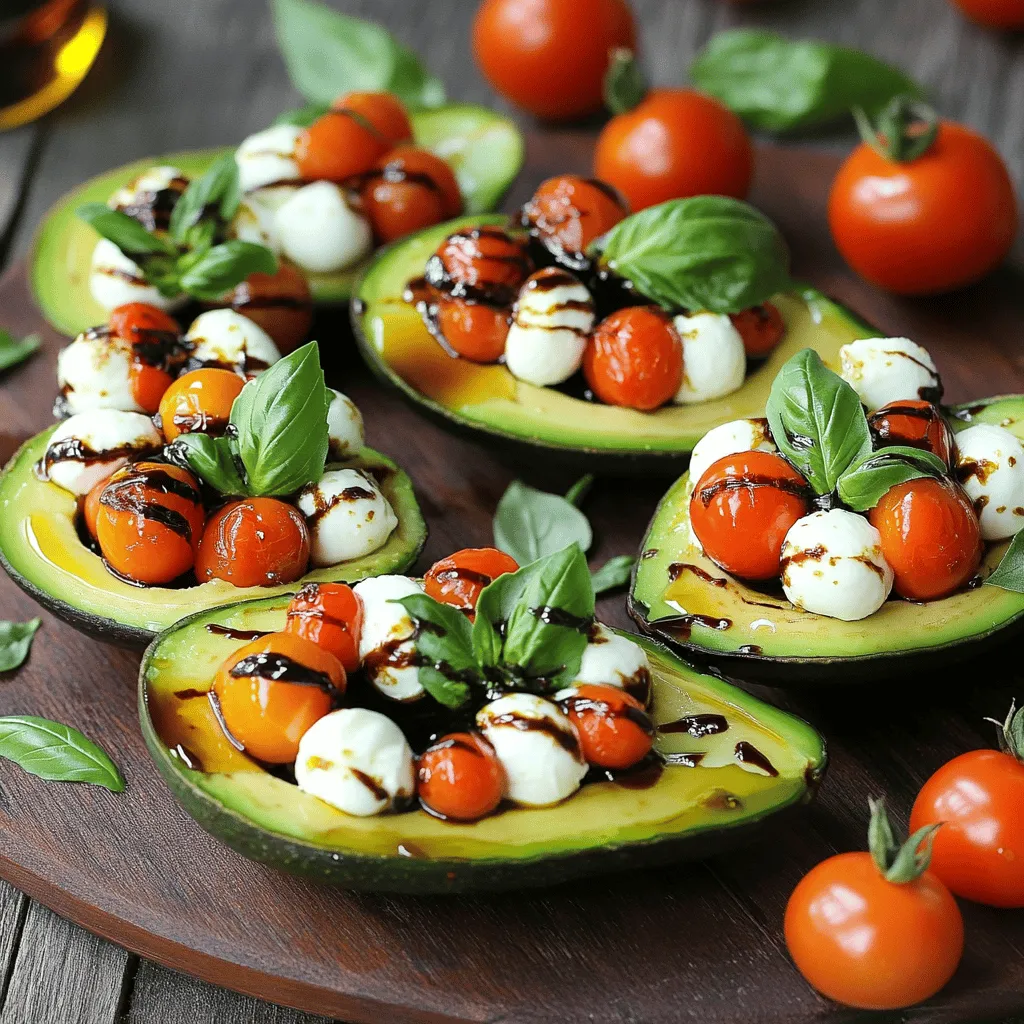 - 2 reife Avocados - 1 Tasse halbierte Kirschtomaten - 1 Tasse halbierte Mozzarellabällchen (Bocconcini) - 1/4 Tasse gehackte Basilikumblätter