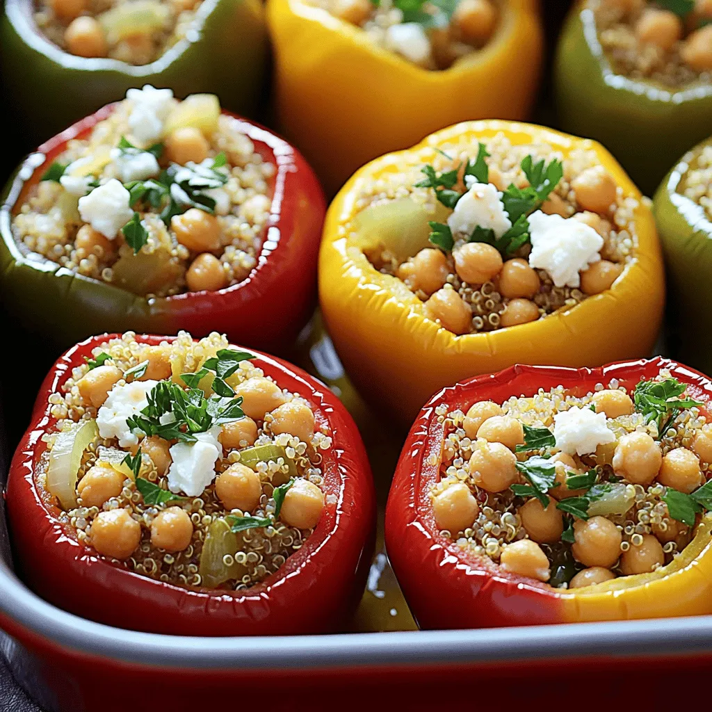 - 4 große Paprika (rot, gelb, grün) - 200g Quinoa, ungekocht - 1 Dose Kichererbsen (400g), abgewaschen und abgetropft