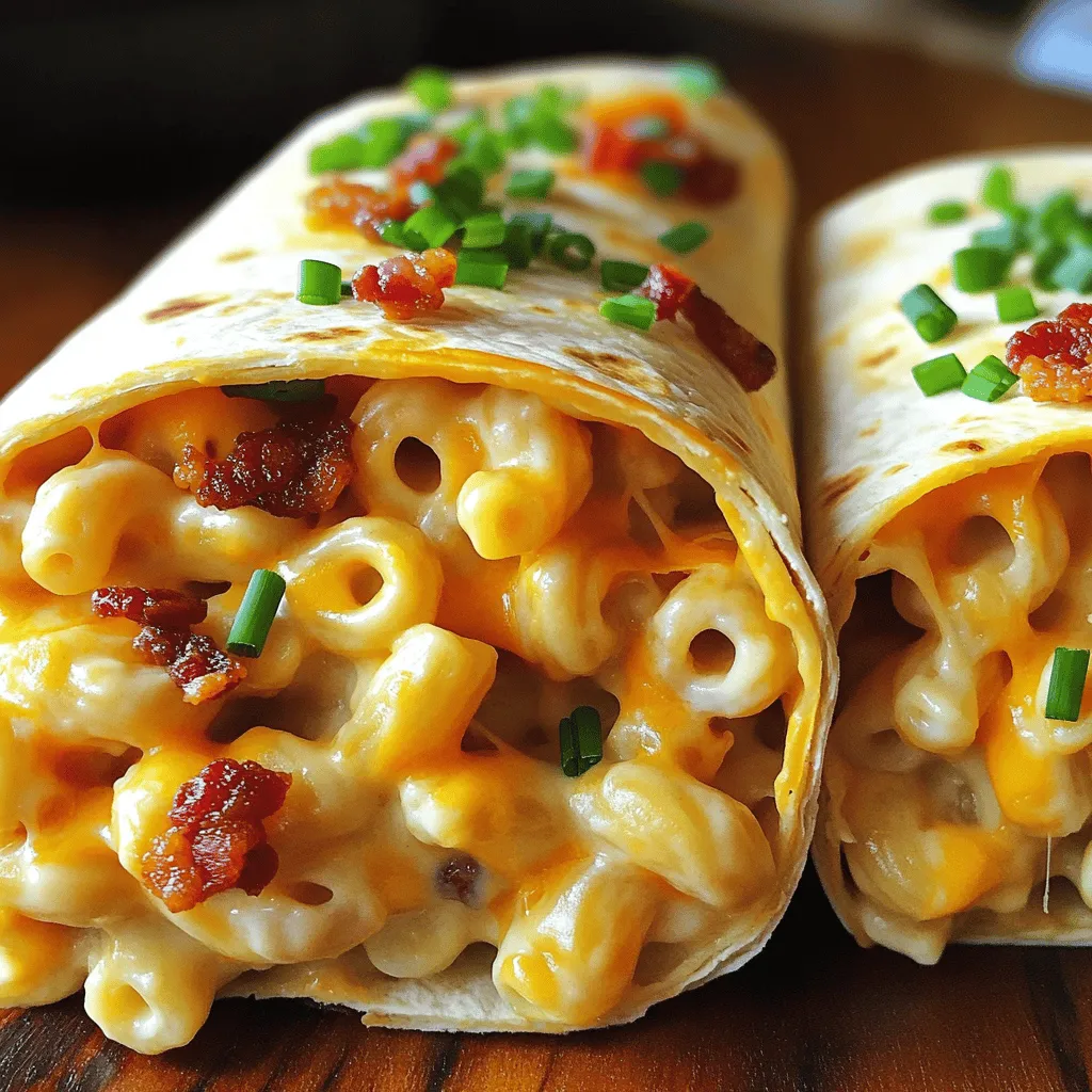 Ein Bacon Mac’n’cheese Burger Wrap vereint zwei beliebte Gerichte in einem. Er enthält saftiges Rinderhackfleisch, cremige Makkaroni und knusprigen Bacon. Das Ganze wird in einen Tortilla-Wrap gehüllt. Diese Kombination macht den Wrap besonders lecker und sättigend.