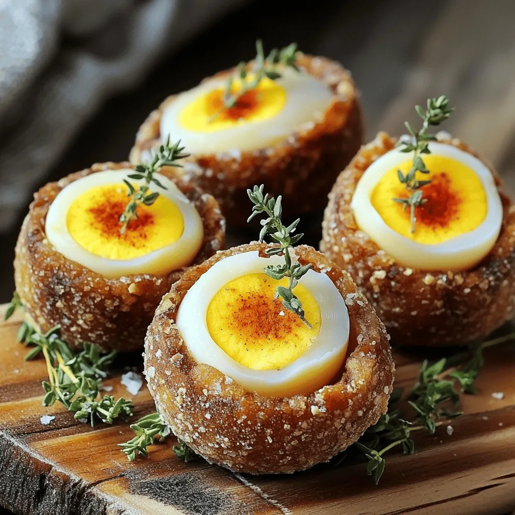 Scotch Eggs sind schottische Snacks. Sie bestehen aus einem hartgekochten Ei, das mit Wurst umhüllt ist. Die Eierschicht ist dann in Paniermehl gewälzt und frittiert. Diese Kombination macht sie knusprig und lecker.
