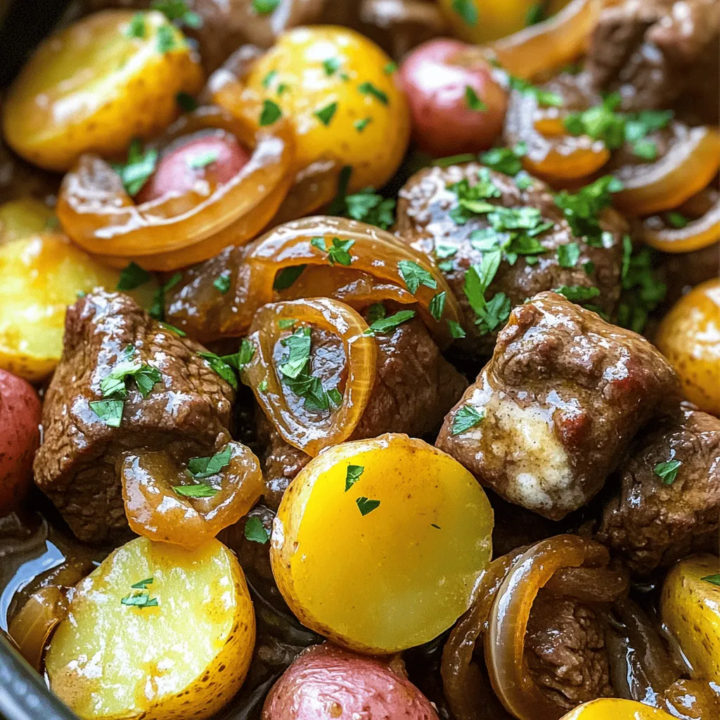 - 500 g Rindfleisch (Würfel, idealerweise aus der Schulter) - 500 g kleine Kartoffeln (z. B. Drillinge, ungeschält) - 4 Knoblauchzehen (gehackt)