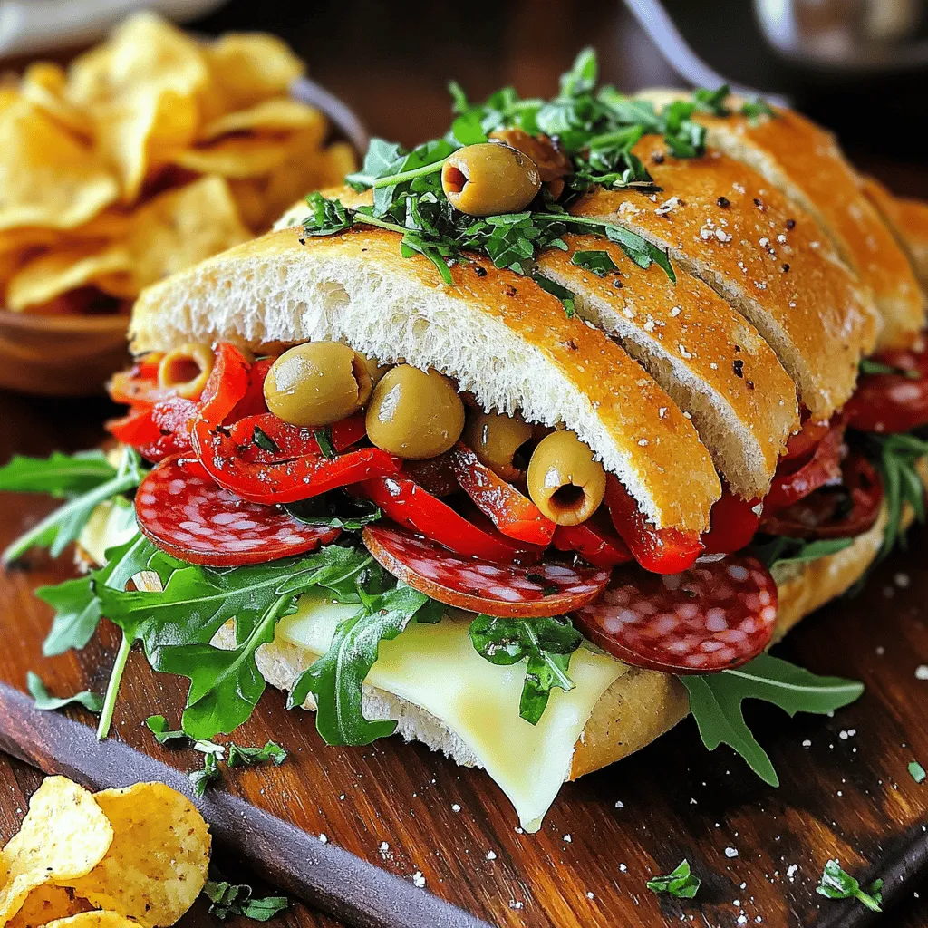 - Ciabatta-Roll oder Baguette - Wurst und Käse: Salami, Pepperoni, Provolone - Frisches Gemüse: Rucola, geröstete Paprika, Oliven - Gewürze und Öle: Olivenöl, Rotweinessig (optional), Salz und Pfeffer - Garnierung: Frische Basilikumblätter