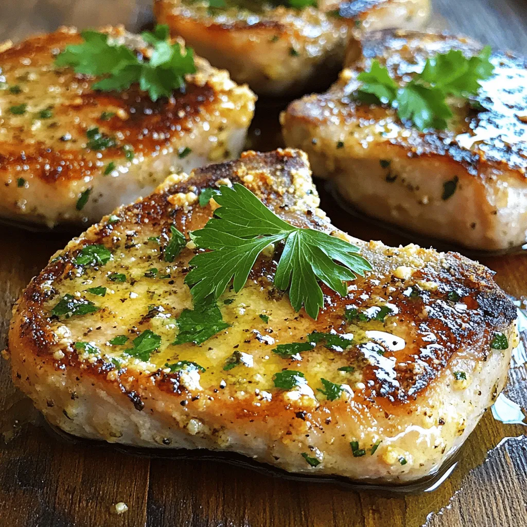 - 4 Schweinekoteletts (ca. 2,5 cm dick) - 4 Knoblauchzehen, fein gehackt - 100 g frisch geriebener Parmesan