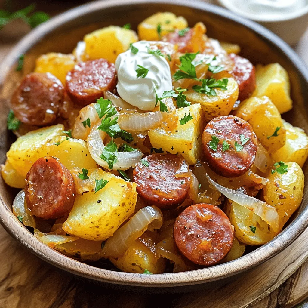 - 500 g festkochende Kartoffeln, gewaschen und geschält - 250 g polnische Wurst (z. B. Kielbasa), in Scheiben geschnitten - 1 große Zwiebel, gewürfelt