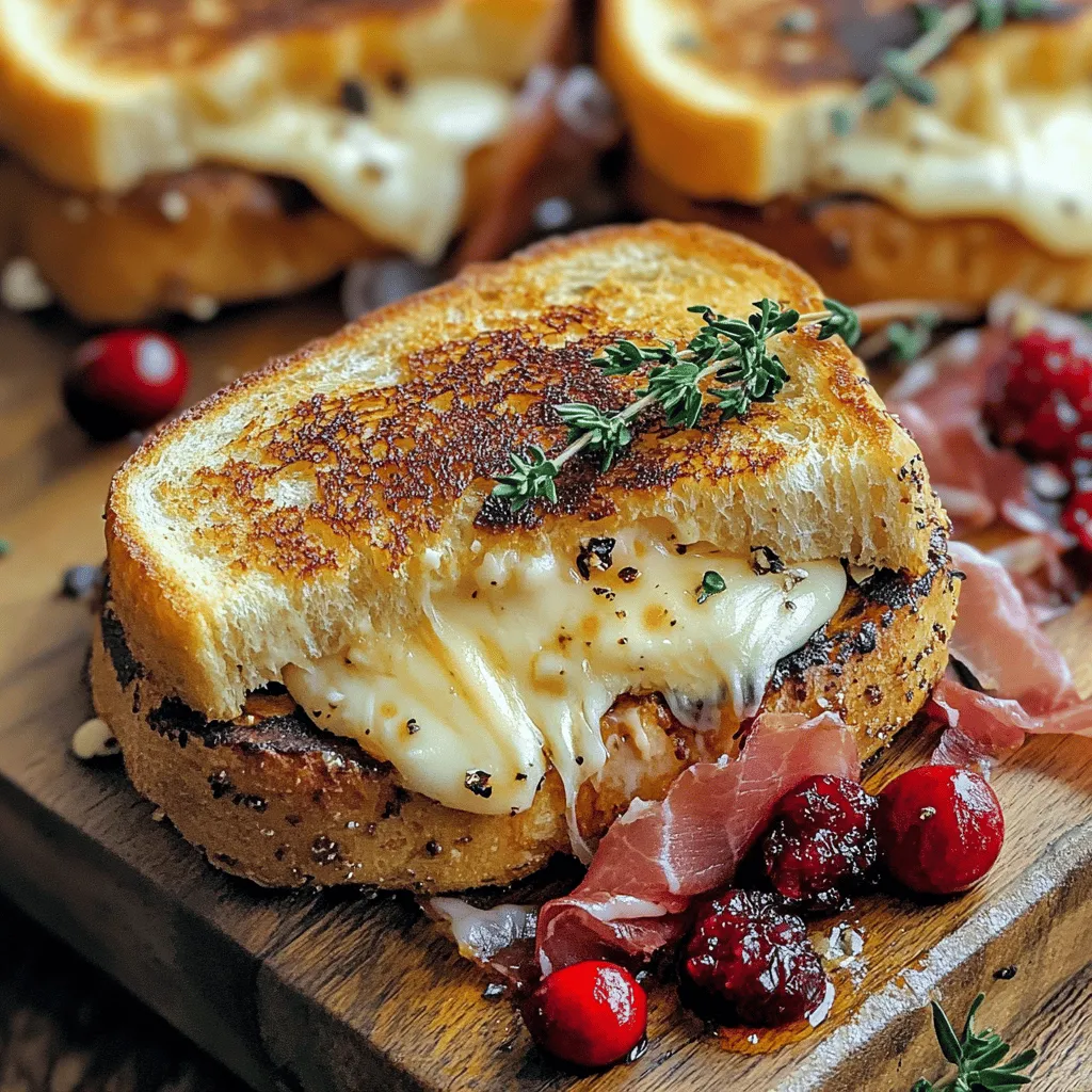 - 4 Scheiben Sauerteigbrot - 100 g Brie, in Scheiben - 50 g Prosciutto, in Streifen - 3-4 Esslöffel Cranberry-Sauce