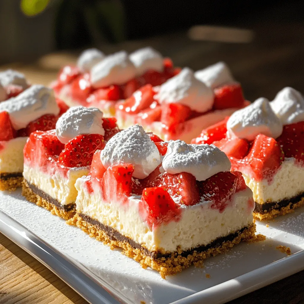 - 24 Goldene Oreo-Kekse, zerbröselt - 450 g Frischkäse, weich gemacht - 240 ml Schlagsahne - 250 g frische Erdbeeren, gewürfelt Die Goldenen Oreo-Kekse bilden die Basis dieser Riegel. Sie geben eine süße und knusprige Kruste. Frischkäse sorgt für die cremige Füllung. Die Schlagsahne macht die Mischung leicht und luftig. Frische Erdbeeren bringen eine saftige Note und Farbe ins Spiel. - 4 Esslöffel ungesalzene Butter, geschmolzen - 120 g Puderzucker - 1 Teelöffel Vanilleextrakt - 1 Esslöffel Gelatine - 3 Esslöffel kaltes Wasser - Eine Prise Salz Die geschmolzene Butter hilft, die Kruste zusammenzuhalten. Puderzucker süßt die Füllung und sorgt für eine feine Textur. Vanilleextrakt fügt einen reichen Geschmack hinzu. Gelatine stabilisiert die Masse, damit sie fest wird. Eine Prise Salz hebt die Aromen hervor, macht alles noch besser.Um die Kruste für die Goldene Oreo Strawberry Cheesecake Bars zuzubereiten, zerbrich die Goldenen Oreos in einer Schüssel. Du kannst dies mit den Händen oder einem Mixer machen. Füge die geschmolzene Butter hinzu und vermische alles gut. Die Mischung sollte feucht, aber nicht zu nass sein. Jetzt drücke die Mischung gleichmäßig in eine mit Backpapier ausgelegte 23x23 cm Backform. Achte darauf, dass der Boden fest und gleichmäßig ist. Stelle die Form für 15 Minuten in den Kühlschrank, damit die Kruste fest wird. Für die Käsekuchenfüllung nimm eine große Rührschüssel. Schlage den weichen Frischkäse mit einem Handmixer glatt. Füge dann nach und nach den Puderzucker und den Vanilleextrakt hinzu. Mische alles gut, bis eine glatte Masse entsteht. Jetzt kommen die frischen Erdbeeren ins Spiel. Würfle sie klein und hebe sie vorsichtig unter die Frischkäsemischung. Das sorgt für einen fruchtigen Geschmack. In einer separaten Schüssel schlägst du die Schlagsahne, bis sich weiche Spitzen bilden. Hebe die geschlagene Sahne vorsichtig unter die Käsekuchenmasse. So bleibt die Füllung leicht und luftig. Um die Riegel zusammenzustellen, gib die Gelatine in eine kleine Schüssel mit kaltem Wasser. Lass sie etwa 5 Minuten quellen. Danach erhitze die Gelatine kurz in der Mikrowelle, bis sie flüssig ist. Rühre die Gelatinemischung in die Käsekuchenmasse. Mische alles gut, bis die Gelatine vollständig integriert ist. Jetzt gieße die Käsekuchenfüllung gleichmäßig über die gekühlte Goldene Oreo-Kruste. Verwende einen Spatel, um die Oberfläche glatt zu streichen. Decke die Backform mit Frischhaltefolie ab und stelle sie für mindestens 4 Stunden in den Kühlschrank, damit die Riegel fest werden. Nach dem Festsetzen kannst du die Riegel in gleichmäßige Quadrate schneiden und servieren. Um die Goldene Oreo Strawberry Cheesecake Bars perfekt hinzubekommen, ist das Kühlen sehr wichtig. Lassen Sie die Kruste gut im Kühlschrank fest werden. So bleibt sie knusprig und stabil. Nach der Zubereitung der Käsekuchenfüllung, kühlen Sie die Bars mindestens vier Stunden. Dies hilft der Masse, fest zu werden. Wenn die Riegel zu kurz gekühlt werden, können sie beim Schneiden zerfallen. Für die Schlagsahne ist es gut, eine kalte Schüssel zu benutzen. Kühlen Sie die Schüssel einfach vor dem Schlagen. Schlagen Sie die Sahne, bis sich weiche Spitzen bilden. Seien Sie sanft, wenn Sie die Sahne unter die Käsekuchenmasse heben. So bleibt die Mischung luftig und leicht. Präsentieren Sie die Riegel auf einer weißen Platte. Dies lässt die Farben der Erdbeeren strahlen. Garnieren Sie die Riegel mit frischen Erdbeeren und einer Prise Puderzucker. So sehen sie noch einladender aus. Sie können die Riegel auch mit einem kühlen Getränk servieren. Ein frischer Eistee oder eine Limonade passt gut dazu. Ergänzen Sie das Dessert mit kleinen Schokoladenstückchen oder Keksen. So haben Ihre Gäste noch mehr Auswahl. Probieren Sie diese Ideen aus, um einen besonderen Moment zu schaffen! {{image_4}} Eine gesunde Option ist die Verwendung von griechischem Joghurt. Er hat weniger Fett und mehr Protein als Frischkäse. Das macht die Riegel leichter und nahrhafter. Du kannst 200 g griechischen Joghurt anstelle von Frischkäse nutzen. Die Konsistenz wird etwas anders, aber immer noch lecker. Low-Carb-Optionen sind auch möglich. Du kannst die Goldenen Oreo-Kekse durch Mandelmehl oder Kokosmehl ersetzen. Diese Alternativen sind ideal für eine kohlenhydratarme Ernährung. Sie geben deinem Dessert einen neuen Twist und sind gesünder. Probiere verschiedene Früchte für mehr Abwechslung. Himbeeren oder Blaubeeren passen gut zu den Goldenen Oreos. Diese Früchte bringen eine frische Note und eine schöne Farbe in die Riegel. Du kannst auch pürierte Früchte verwenden, um die Füllung noch fruchtiger zu machen. Eine spannende Idee ist die Verwendung von verschiedenen Keksarten. Statt Goldene Oreos kannst du Schokoladenkekse oder sogar glutenfreie Kekse verwenden. Diese Variationen verändern den Geschmack und die Textur. So bleibt das Rezept immer interessant und du kannst deine Gäste überraschen. Um die Goldene Oreo Strawberry Cheesecake Bars richtig zu lagern, stelle sicher, dass sie gut gekühlt sind. Bewahre die Riegel in einem luftdichten Behälter im Kühlschrank auf. So bleiben sie frisch und lecker. Die Riegel halten sich dort etwa 5 bis 7 Tage. Achte darauf, sie vor dem Servieren gut zu kühlen. Wenn du die Riegel länger aufbewahren möchtest, beachte, dass sie am besten in ihrer ursprünglichen Form bleiben. Schneide die Riegel erst nach dem Kühlen in Stücke. Dadurch bleibt die Textur besser erhalten. Möchtest du die Käsekuchenriegel einfrieren? Das geht ganz einfach. Schneide die Riegel in Portionen und lege sie in einen luftdichten Behälter. Du kannst auch Frischhaltefolie verwenden, um sie einzupacken. So verhinderst du Gefrierbrand. Die Riegel können bis zu 3 Monate im Gefrierfach bleiben. Um sie später zu genießen, nimm sie einfach aus dem Gefrierfach. Lasse sie über Nacht im Kühlschrank auftauen. Wenn du es eilig hast, kannst du sie auch bei Raumtemperatur auftauen. So bleiben sie frisch und lecker, wenn du bereit bist, sie zu essen. Die Käsekuchenriegel bleiben im Kühlschrank etwa 5 bis 7 Tage frisch. Bewahren Sie sie in einem luftdichten Behälter auf. So bleibt die Textur gut und der Geschmack bleibt erhalten. Wenn Sie die Riegel länger aufbewahren möchten, können Sie sie einfrieren. Im Gefrierfach halten sie bis zu 3 Monate. Lassen Sie sie einfach im Kühlschrank auftauen, bevor Sie sie servieren. Ja, Sie können die Riegel im Voraus zubereiten. Bereiten Sie sie bis zu 2 Tage vorher zu und lagern Sie sie im Kühlschrank. Achten Sie darauf, die Riegel gut abzudecken. So bleibt die Frische erhalten. Wenn Sie sie einfrieren, stellen Sie sicher, dass sie vollständig abgekühlt sind, bevor Sie sie in den Gefrierschrank legen. So verhindern Sie Gefrierbrand. Es gibt viele Möglichkeiten, dieses Rezept zu ändern. Wenn Sie glutenfrei sind, versuchen Sie glutenfreie Kekse für die Kruste. Für eine gesündere Option können Sie griechischen Joghurt anstelle von Frischkäse verwenden. Sie können auch andere Früchte wie Himbeeren oder Blaubeeren verwenden. Experimentieren Sie ruhig mit verschiedenen Aromen, um Ihren persönlichen Geschmack zu finden. Dieser Artikel erklärt, wie man Goldene Oreo Erdbeer-Käsekuchen-Riegel macht. Wir haben die wichtigsten Zutaten, die Zubereitung und Tipps für perfekte Ergebnisse behandelt. Du kannst auch gesunde Alternativen und besondere Variationen ausprobieren. Denk daran, wie wichtig die richtige Lagerung ist, um die Riegel frisch zu halten. Mit diesen einfachen Schritten gelingen dir köstliche Riegel für jeden Anlass. Nutze die Tipps, um sie noch besser zu machen. Viel Spaß beim Ausprobieren!