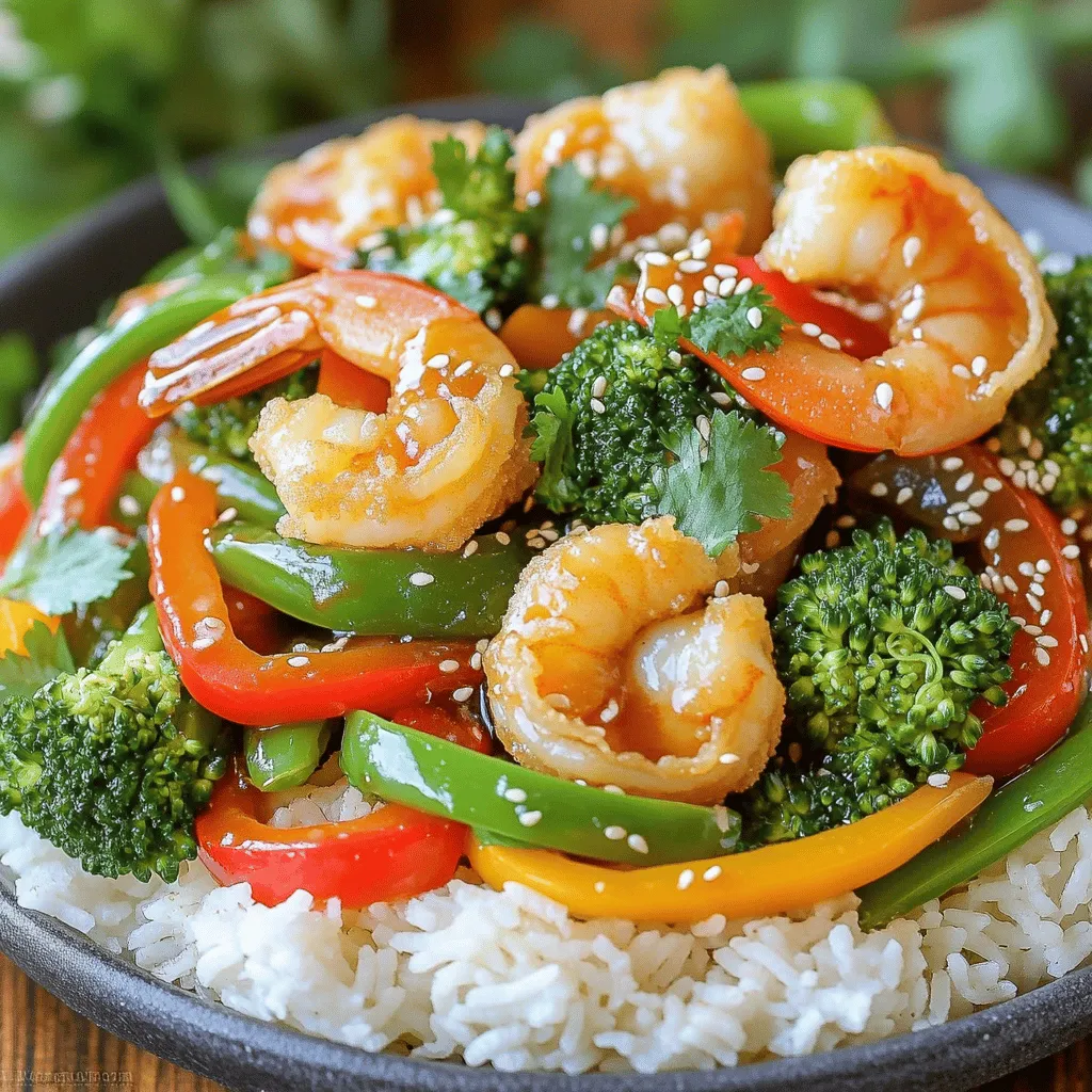 - 450 g große Garnelen, geschält und entdarmt - 2 Esslöffel Maisstärke - 2 Esslöffel Pflanzenöl - 1 Paprika (rot oder gelb), in Streifen geschnitten - 1 Tasse Zuckerschoten - 1 Tasse Brokkoliröschen