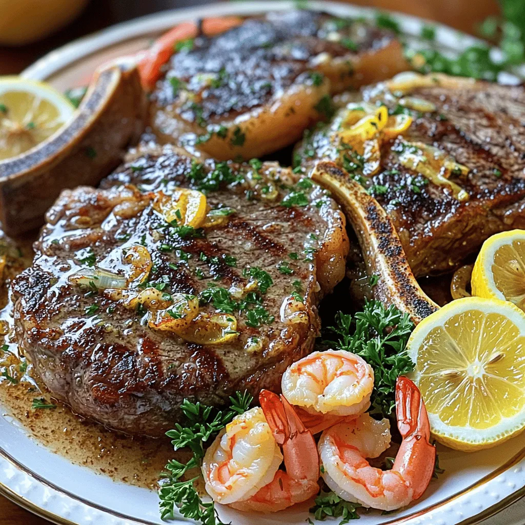 - 2 Rindersteaks (z.B. Ribeye oder Filet) - 200 g Garnelen, geschält und entdarmt - 4 Esslöffel Butter - 4 Knoblauchzehen, fein gehackt - 2 Zweige frischer Thymian oder Rosmarin