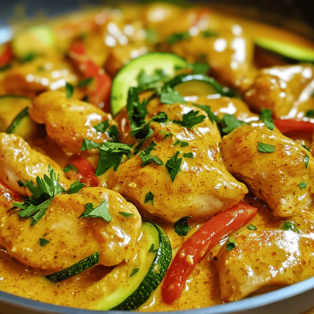 - 500 g Hähnchenbrust, gewürfelt - 2 große Zucchini, in Scheiben geschnitten - 2 rote Paprika, entkernt und in Streifen geschnitten