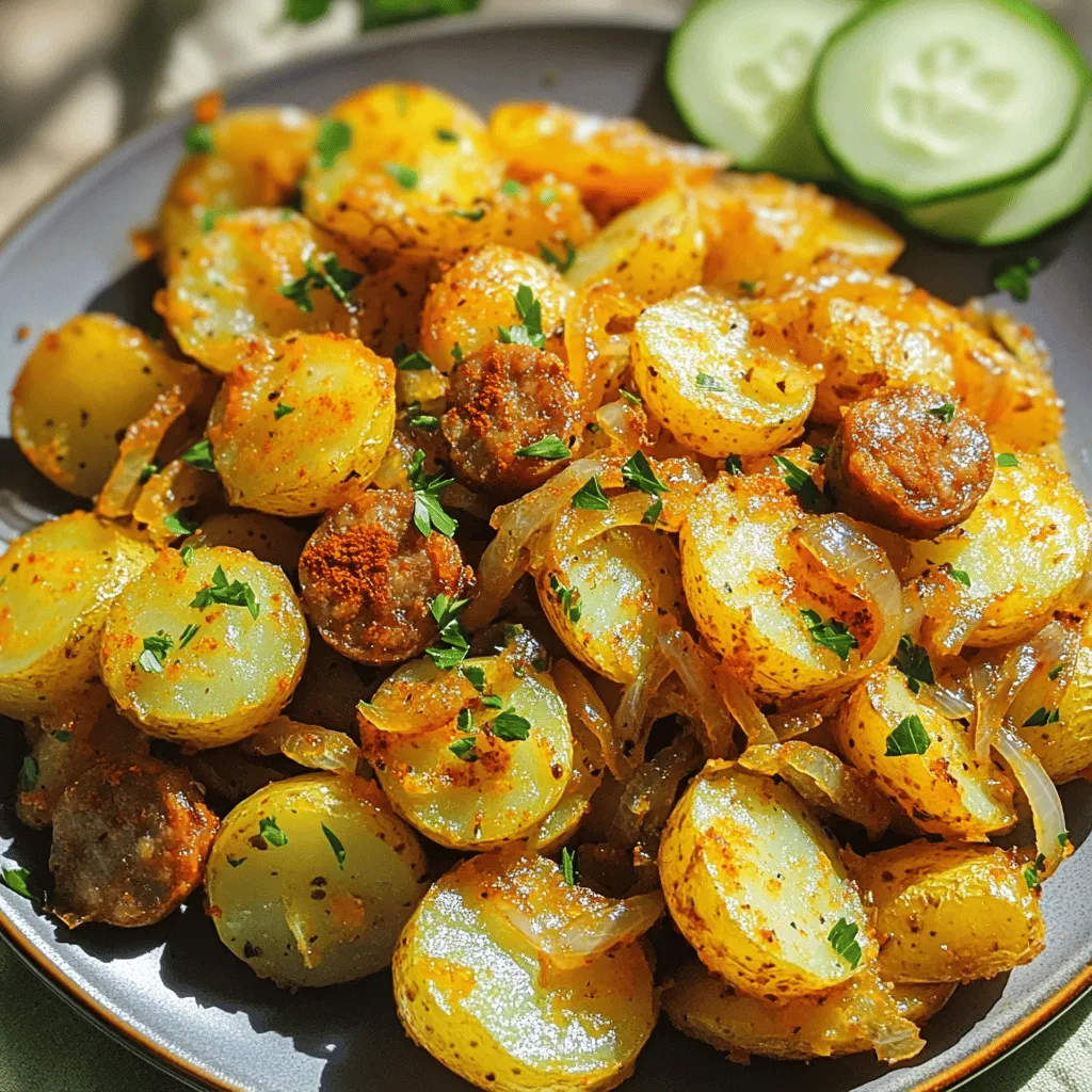 - 500 g festkochende Kartoffeln - 250 g geräucherte polnische Wurst - 1 große Zwiebel - 2 Knoblauchzehen