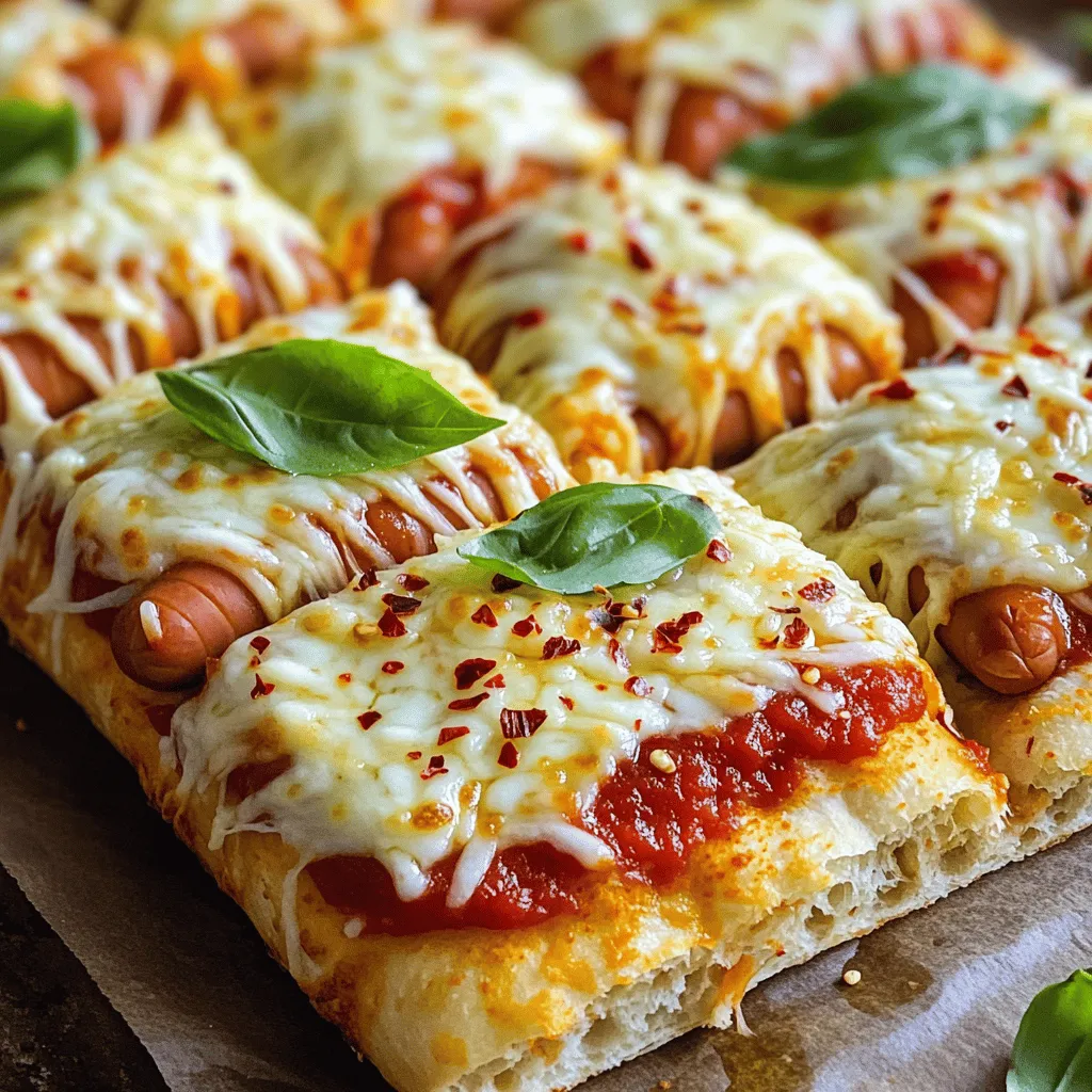 - 4 Würstchen - 8 Scheiben Pizza-Brot oder Focaccia - 2 Tassen geriebenen Mozzarella-Käse