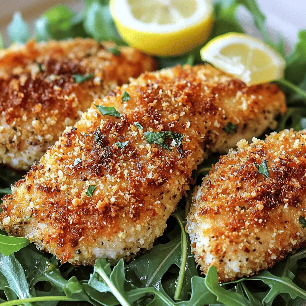 - 4 Hähnchenbrustfilets - 1 Tasse geriebener Parmesan - 1 Tasse Panko-Semmelbrösel - 2 Eier