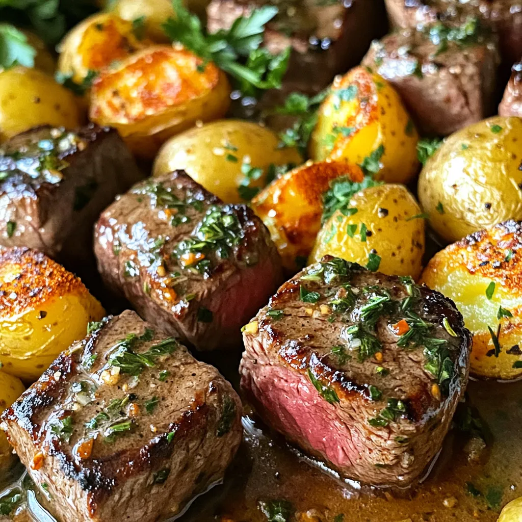 Knoblauchbutter Steakbisse mit Röstkartoffeln köstlich