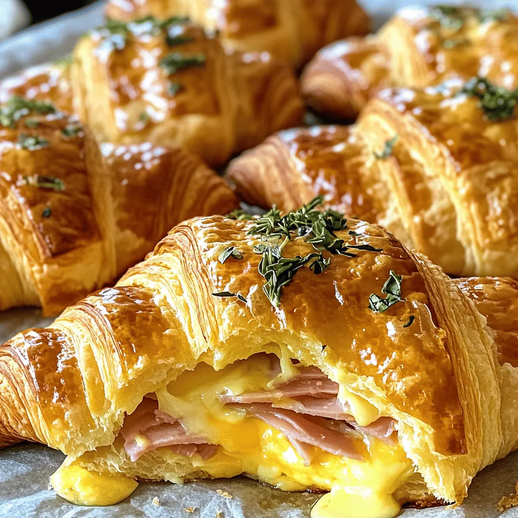 - 4 große Croissants - 200 g Schinken (z.B. Kochschinken), in dünne Scheiben geschnitten - 200 g Käse (z.B. Gruyère oder Emmentaler), in Scheiben - 3 Eier - 150 ml Sahne
