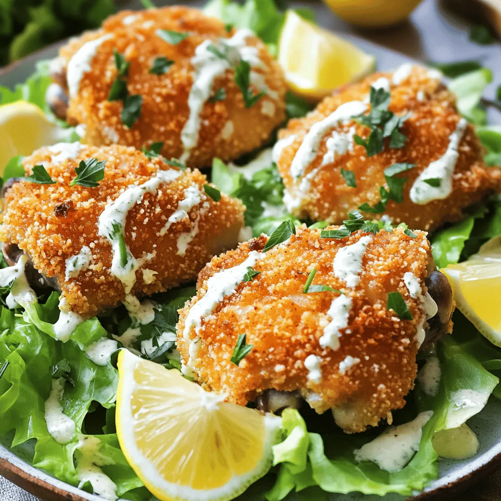 Hier sind die Zutaten, die du für das schmelzende Caesar-Hähnchen brauchst: - 4 Hautlose, knochenlose Hähnchenkeulen - 60 ml Caesar-Dressing - 120 g geriebener Parmesan - 60 g Semmelbrösel (vorzugsweise Panko für extra Knusprigkeit) - 2 Knoblauchzehen, fein gehackt - 1 Teelöffel getrockneter Oregano - Salz und Pfeffer nach Geschmack - 2 Tassen Römersalat, grob gehackt - Zitronenschnitze zum Servieren - Frische Petersilie, gehackt, zum Garnieren Das Caesar-Dressing ist der Schlüssel zu diesem Gericht. Es bringt den vollen Geschmack. Verwende ein hochwertiges Dressing, das du magst. Panko-Semmelbrösel geben extra Knusprigkeit. Du kannst auch normale Semmelbrösel nutzen, aber Panko macht das Hähnchen noch besser. Falls du Allergien hast, gibt es Alternativen. Statt Hähnchenkeulen kannst du Hähnchenbrust verwenden. Wenn du Laktose vermeiden möchtest, nimm eine laktosefreie Käsealternative. Für das Dressing gibt es viele vegane Optionen. Achte darauf, die Zutaten gut zu prüfen, um sicher zu sein, dass sie zu dir passen. Zuerst heizt du deinen Ofen auf 200 °C vor. Das sorgt dafür, dass dein Hähnchen gleichmäßig gart. Lege ein Backblech mit Backpapier aus. So bleibt es sauber und das Hähnchen klebt nicht fest. Nimm eine große Schüssel. Mische das Caesar-Dressing mit dem gehackten Knoblauch, dem Oregano, Salz und Pfeffer. Rühre gut um, bis alles gleichmäßig verteilt ist. Dann kommen die Hähnchenkeulen hinein. Achte darauf, dass sie mit der Marinade gut bedeckt sind. Lass sie mindestens 15 Minuten marinieren. So ziehen die Aromen in das Hähnchen ein. In einer anderen Schüssel vermischst du den geriebenen Parmesan mit den Semmelbröseln. Die Mischung sollte gut durchmischt sein. Nimm jede marinierte Hähnchenkeule und drücke sie in die Käse-Semmelbrösel-Mischung. Beide Seiten sollten gut bedeckt sein. Lege die panierten Hähnchenkeulen auf das Backblech und backe sie 25-30 Minuten. Das Hähnchen ist fertig, wenn es goldbraun und knusprig ist. Während das Hähnchen im Ofen ist, bereite den Salat zu. Mische den Römersalat mit etwas Caesar-Dressing und mehr Parmesan. Wenn das Hähnchen fertig ist, lass es kurz ruhen und schneide es in Streifen. Serviere die Hähnchenstreifen auf dem Salat. Garniere das Gericht mit frischer Petersilie und Zitronenschnitzen. Lass es dir schmecken!Um das Hähnchen besonders zart zu machen, marinieren Sie es gut. Das Caesar-Dressing bringt viel Geschmack und hilft, das Fleisch weich zu halten. Lassen Sie das Hähnchen mindestens 15 Minuten im Dressing ruhen. Für noch bessere Ergebnisse können Sie es über Nacht marinieren. Dies gibt dem Hähnchen Zeit, die Aromen tief aufzunehmen. Panko ist eine japanische Semmelbröselart. Sie sind leicht und luftig, was zu einer tollen Knusprigkeit führt. Panko macht die Panade knuspriger als normale Semmelbrösel. Das sorgt für einen schönen Kontrast zur Zartheit des Hähnchens. Achten Sie darauf, die Hähnchenkeulen gut in die Panko-Mischung zu drücken. So bleibt die Panade beim Backen schön haften. Zusätzlich zu Oregano können Sie andere Gewürze nutzen. Zum Beispiel passen Paprika oder Cayenne-Pfeffer gut dazu. Wenn Sie es scharf mögen, fügen Sie etwas Chili-Pulver hinzu. Frische Kräuter wie Thymian oder Basilikum geben einen tollen Geschmack. Experimentieren Sie mit verschiedenen Zutaten, um Ihr Gericht zu personalisieren. Diese kleinen Änderungen machen Ihr Caesar-Hähnchen einzigartig und lecker.{{image_4}} Wenn du eine vegetarische Variante von Melt in Your Mouth Caesar Chicken möchtest, probiere Tofu oder Tempeh. Diese Optionen nehmen die Marinade gut auf. Das gibt dir einen tollen Geschmack. Schneide den Tofu in dicke Scheiben und mariniere ihn wie das Hähnchen. Backe ihn dann im Ofen. Du wirst überrascht sein, wie lecker es wird! Das Caesar-Dressing ist klassisch, aber du kannst auch andere Dressings verwenden. Probiere ein Balsamico-Dressing für einen süßeren Geschmack. Ein Joghurt-Dressing wird ebenfalls cremig und frisch. Mixe diese Dressings nach deinem Geschmack. Das gibt dir viele neue Möglichkeiten und hält die Mahlzeit spannend. Zu deinem Caesar-Hähnchen passen viele tolle Beilagen. Ein einfacher grüner Salat ist immer eine gute Wahl. Auch geröstetes Gemüse oder Kartoffeln passen gut. Du kannst auch Quinoa oder Reis als Beilage wählen. Diese Optionen ergänzen den Geschmack und machen das Gericht noch besser. Um das Hähnchen frisch zu halten, bewahren Sie es in einem luftdichten Behälter auf. Achten Sie darauf, dass es vollständig abgekühlt ist, bevor Sie es einlagern. Lagern Sie das Hähnchen im Kühlschrank. So bleibt es bis zu drei Tage gut. Vermeiden Sie es, das Hähnchen in der Verpackung zu lassen, in der es gekocht wurde. Falls Sie Reste haben, können Sie diese einfrieren. Teilen Sie das Hähnchen in Portionen auf und wickeln Sie es fest in Frischhaltefolie. Legen Sie die Portionen in einen Gefrierbeutel. So bleibt das Hähnchen bis zu drei Monate haltbar. Zum Aufwärmen nehmen Sie das Hähnchen aus dem Gefrierfach und lassen es im Kühlschrank auftauen. Danach können Sie es im Ofen oder in der Mikrowelle erwärmen. Für den Salat ist es wichtig, ihn separat zu lagern. Bewahren Sie den Römersalat in einem anderen Behälter auf. Fügen Sie das Dressing nicht hinzu, bis Sie bereit sind zu essen. So bleibt der Salat frisch und knackig. Wenn Sie Reste haben, essen Sie diese am besten innerhalb von zwei Tagen. Wenn Ihr Hähnchen dicker ist, erhöhen Sie die Garzeit. Eine gute Regel ist, die Zeit um 5 bis 10 Minuten für jedes zusätzliche Zentimeter Dicke zu verlängern. Prüfen Sie mit einem Fleischthermometer. Das Hähnchen sollte eine Innentemperatur von 75 °C erreichen. Lassen Sie das Hähnchen nach dem Backen ruhen. Diese Zeit hilft, die Säfte zu verteilen. Kein Caesar-Dressing? Kein Problem! Sie können Ihre eigene Mischung machen. Kombinieren Sie Joghurt, Zitronensaft, Knoblauch und Parmesan. Ein Spritzer Worcestersauce bringt den typischen Geschmack. Fühlen Sie sich frei, andere Kräuter hinzuzufügen. Petersilie oder Schnittlauch passen gut dazu. Experimentieren Sie mit verschiedenen Zutaten, um Ihren eigenen Geschmack zu finden. Ja, der Airfryer ist eine tolle Möglichkeit, dieses Rezept zuzubereiten. Heizen Sie Ihren Airfryer auf 200 °C vor. Legen Sie die Hähnchenkeulen in den Korb. Achten Sie darauf, dass sie nicht überlappen. Backen Sie sie 20 bis 25 Minuten lang. Überprüfen Sie die Innentemperatur wie zuvor beschrieben. Ihr Hähnchen wird knusprig und lecker. Zusammenfassend haben wir die wichtigsten Zutaten für dein Gericht besprochen. Du hast gelernt, wie man Hähnchen mariniert, es zubereitet und gut anrichtet. Tipps für zartes Hähnchen und die besten Zutaten kamen ebenfalls zur Sprache. Wir haben auch Variationen wie vegetarische Optionen erwähnt und wichtige Lagerinformationen gegeben. Probiere die Tipps aus und kreiere dein perfektes Gericht. Viel Spaß beim Kochen und guten Appetit!