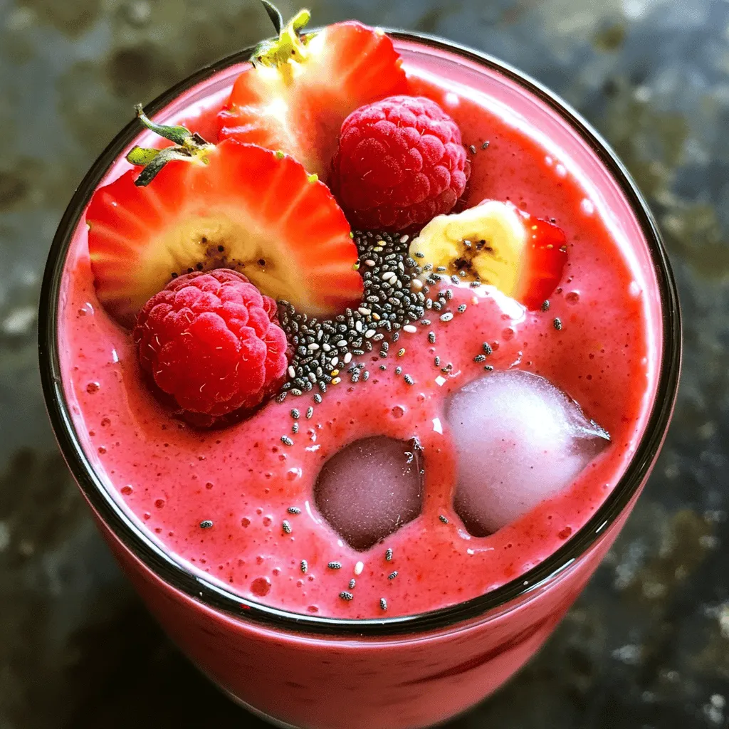 - 1 Tasse frische Erdbeeren, entstielt und halbiert - 1 Tasse frische Himbeeren - 1 reife Banane, in Stücke geschnitten - 1 Tasse griechischer Joghurt (oder pflanzlicher Joghurt) - 1 Tasse Mandelmilch (oder andere Milch) - 1-2 Esslöffel Honig oder Agavensirup - 1 Esslöffel Chiasamen - Eine Handvoll Eiswürfel