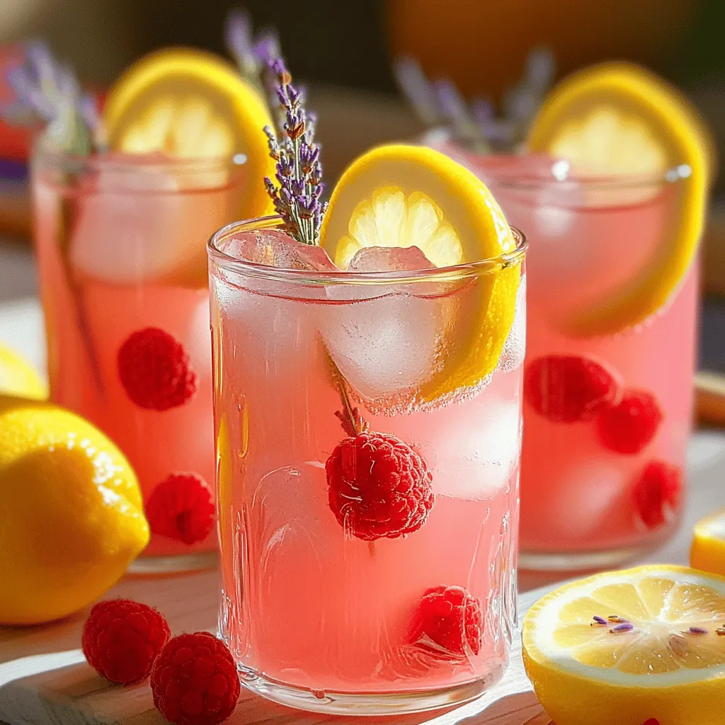 Um Pink Lavender Lemonade zu machen, brauchst du frische Zutaten. Die Hauptzutaten sind: frischer Zitronensaft, Zucker oder Honig, Wasser, getrocknete Lavendelblüten, Lavendel-Essenz, frische Himbeeren, Eiswürfel sowie Zitronenscheiben und Lavendelzweige zur Dekoration.