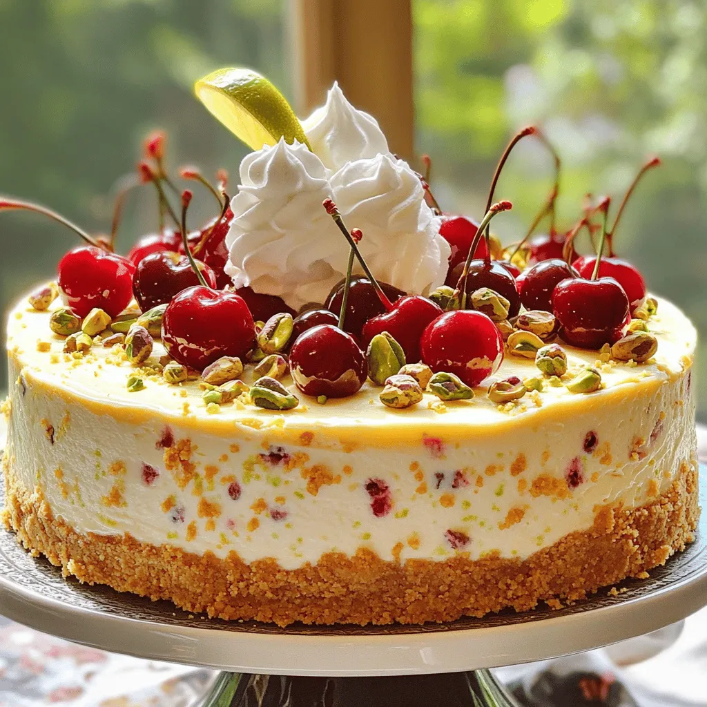 - 200 g Kekse (z. B. Butterkekse), zerbröselt - 400 g Frischkäse, zimmerwarm - 200 g Quark - 150 g entsteinte Kirschen (frisch oder gefroren) - 50 g gehackte Pistazien