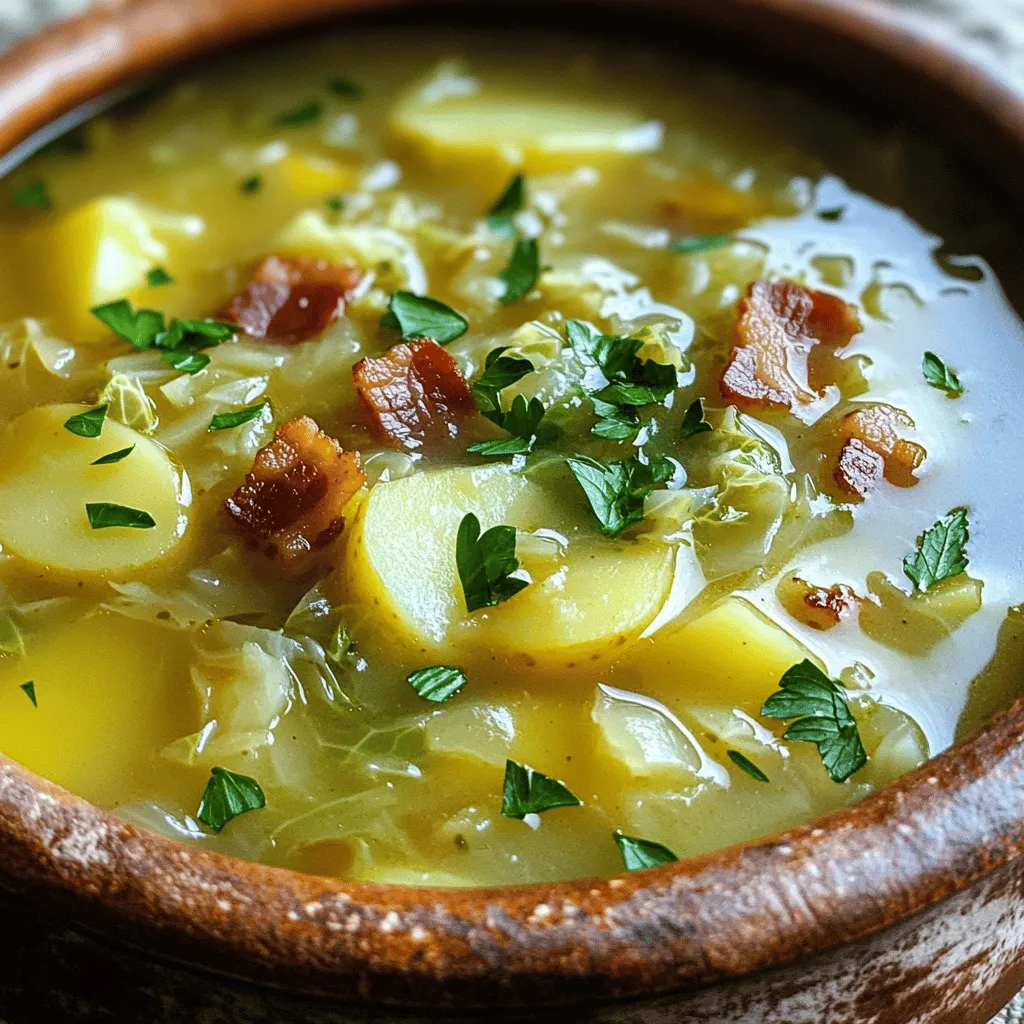 Die Hauptzutaten für Irish Bacon, Cabbage und Potato Soup sind ganz einfach. Die besten Zutaten sind irischer Speck, Kohl, Kartoffeln, Zwiebeln und Brühe. Diese Zutaten bieten einen tollen Geschmack und eine schöne Textur.