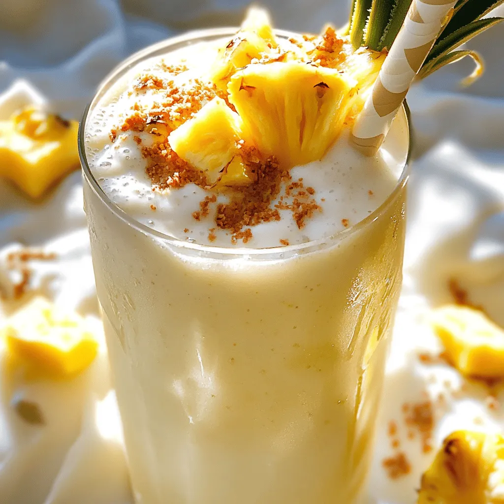 Um einen Pina Colada Milchshake zuzubereiten, brauchst du einige einfache Zutaten. Die Hauptzutaten sind Vanilleeis, Kokosmilch und Ananassaft. Ich empfehle, auch eine Banane hinzuzufügen. Sie macht den Shake schön cremig. Frische Ananasstücke sind optional, aber sie bringen einen tollen Geschmack.