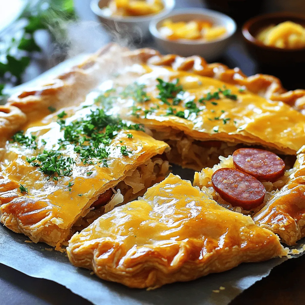 - vorgefertigter Pie-Boden (gekauft oder selbstgemacht) - Kielbasa-Wurst, in Scheiben geschnitten - Sauerkraut, abgetropft - Zwiebel, fein gehackt - Knoblauch, gehackt