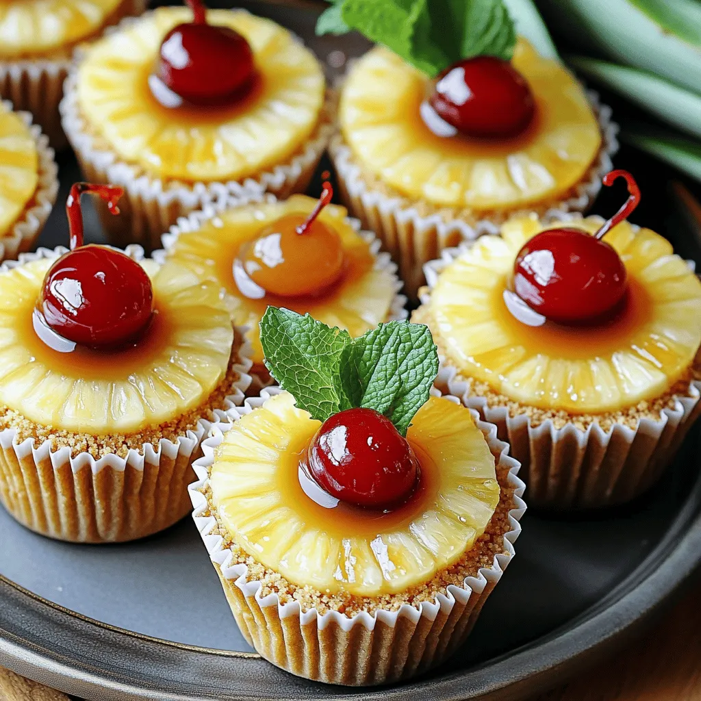 - 1 Tasse zerbröselte Graham Cracker - 1/4 Tasse ungesalzene Butter, geschmolzen - 2 Esslöffel brauner Zucker - 8 Unzen Frischkäse, weich - 1/2 Tasse Puderzucker - 1 Teelöffel Vanilleextrakt - 1/4 Tasse saure Sahne - 1 Dose (8 Unzen) Ananasscheiben, abgetropft und in Viertel geschnitten - Maraschino-Kirschen (zur Dekoration)