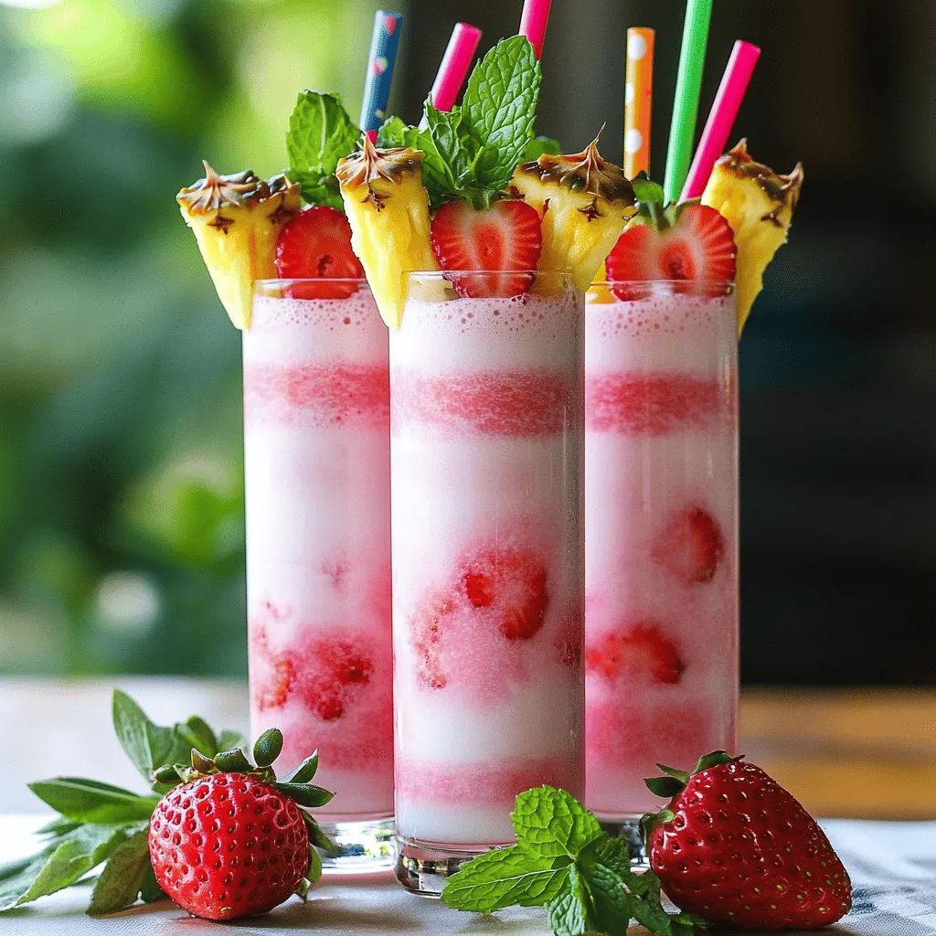 Um einen Pink Flamingo Colada zu machen, brauchst du einige frische Zutaten. Die Hauptzutaten sind frische Ananas, Kokosmilch, Bananen und Erdbeeren. Diese frischen Früchte in Cocktails machen den Drink lecker und bunt.