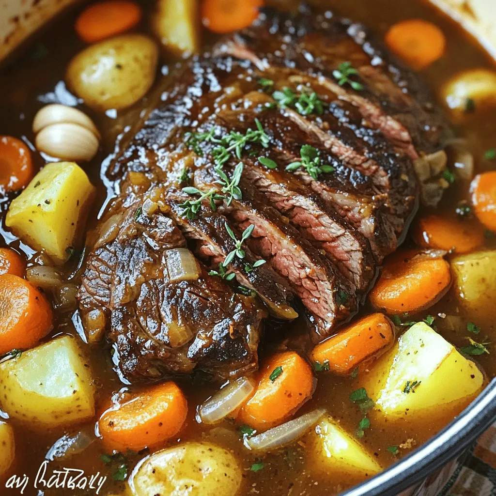 - 1,5 kg Rindfleisch (z.B. Schulter oder Nacken) - 4 große Karotten, in Stücke geschnitten - 3 Kartoffeln, gewürfelt - 2 Zwiebeln, grob gehackt - 4 Knoblauchzehen, ganz - 500 ml Rinderbrühe - 2 Esslöffel Olivenöl - 2 Teelöffel getrockneter Thymian - 1 Teelöffel getrockneter Rosmarin - 2 Lorbeerblätter - Salz und Pfeffer nach Geschmack - Frische Petersilie zum Garnieren