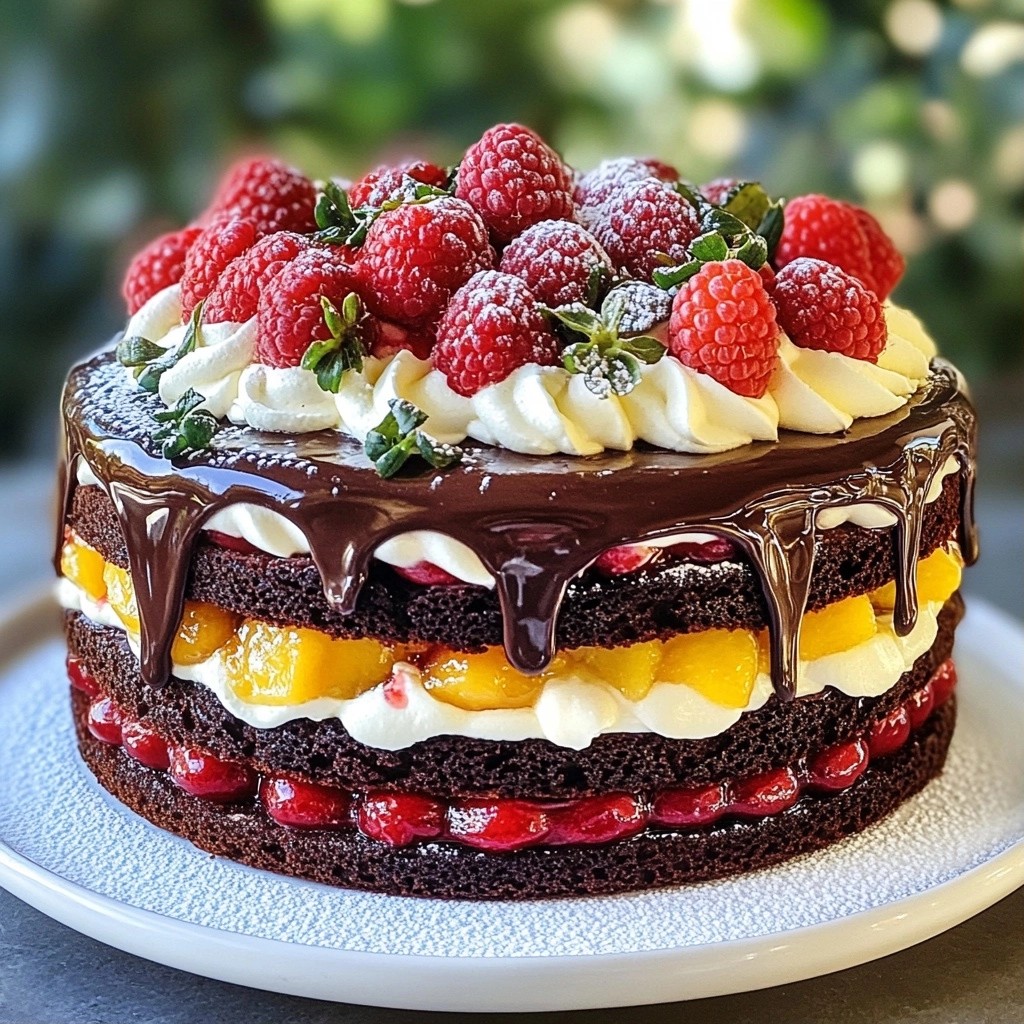 Dreifacher Schokoladenkuchen mit fruchtiger Füllung