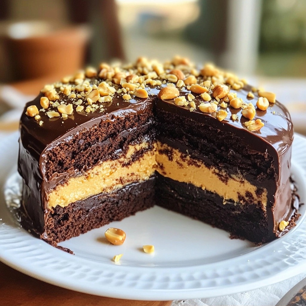 Doppelschichtiger Schokoladenkuchen mit Erdnußcremefüllung
