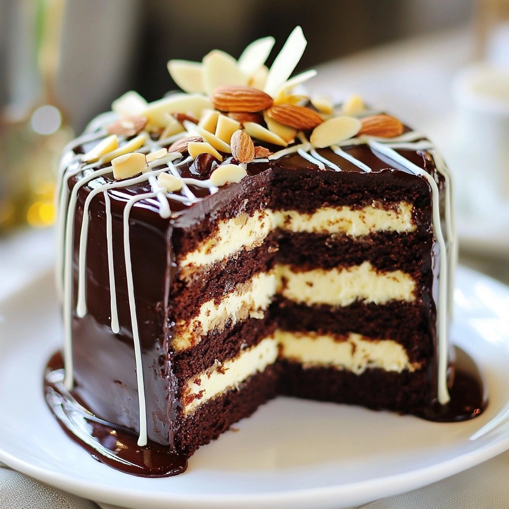 Dreifach Schokoladenkuchen mit Mandelschichten lecker
