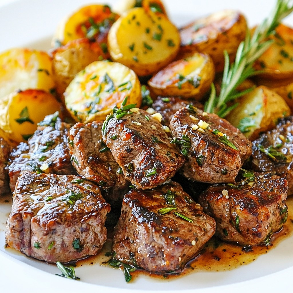 Knoblauchbutter Steakhäppchen mit Kartoffeln lecker serviert