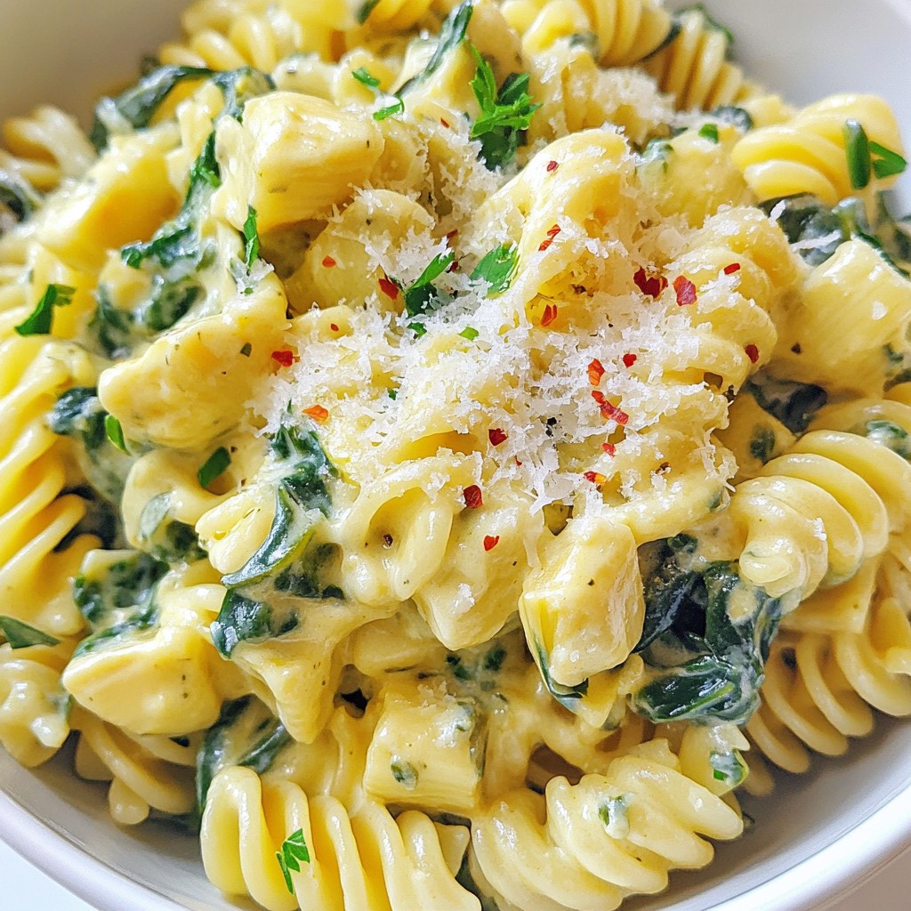 Cremige Spinat Artischocken Pasta delikate Mahlzeit